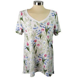 LuLaRoe Tunic Top Large White Knit T-Shirt Floral Tulips Short Sleeve V-Neck